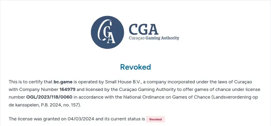 Zertifikatsseite der Curaçao Gaming Authority für bc.game mit Small House B.V. und der Lizenz OGL/2023/118/0060, Status Revoked