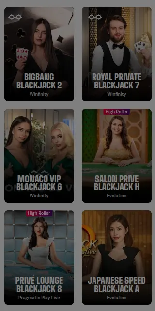 Live-Tische in der Blackjack-Lobby von Bitcasino.io: Bigbang Blackjack 2, Royal Private Blackjack 7, Monaco VIP Blackjack 6, Salon Privé Blackjack H, Privé Lounge Blackjack 8 und Japanese Speed Blackjack A