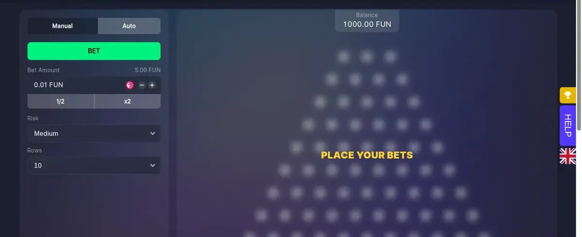 Spielbildschirm eines BitStarz-Originals mit den Einsatzeinstellungen links und einer Fairness-Taste in der unteren Leiste