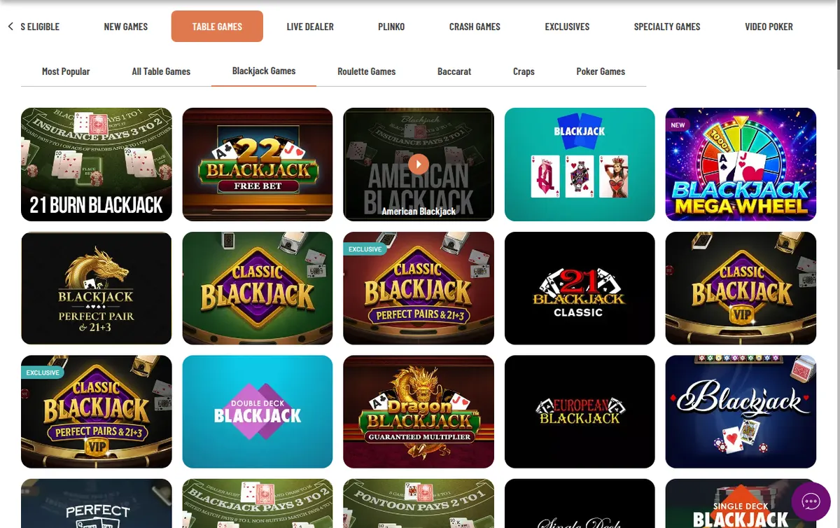 Tab „Blackjack Games“ unter „Table Games“ bei Cafe Casino mit den Kacheln 21 Burn Blackjack, American Blackjack, Blackjack Mega Wheel, Classic Blackjack VIP, Double Deck Blackjack, European Blackjack und Pontoon