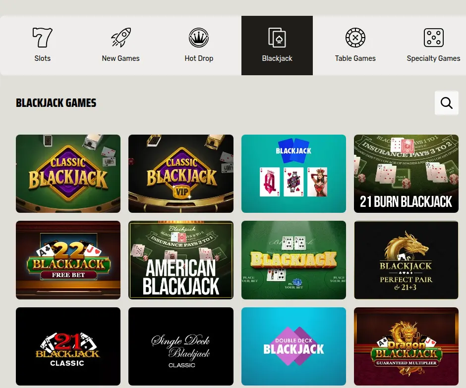 Seite „Blackjack Games“ bei Ignition mit den Kacheln Classic Blackjack, Classic Blackjack VIP, 21 Burn Blackjack, American Blackjack, Single Deck Blackjack, Double Deck Blackjack und Dragon Blackjack