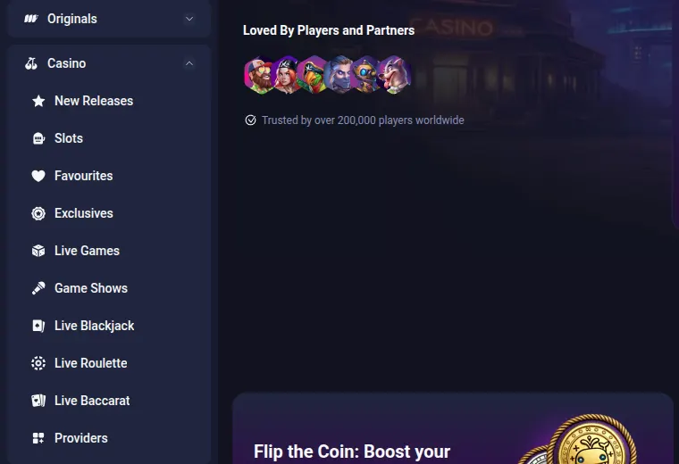 Casinomenü von Metaspins mit den Einträgen Live Games, Game Shows, Live Blackjack, Live Roulette und Live Baccarat