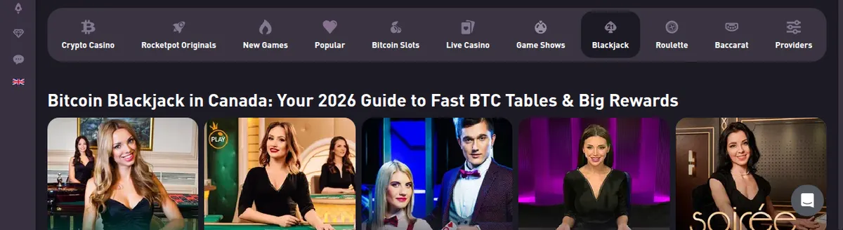 Spielemenü von Rocketpot mit ausgewählter Kategorie Blackjack und einer Reihe Live-Blackjack-Dealer darunter