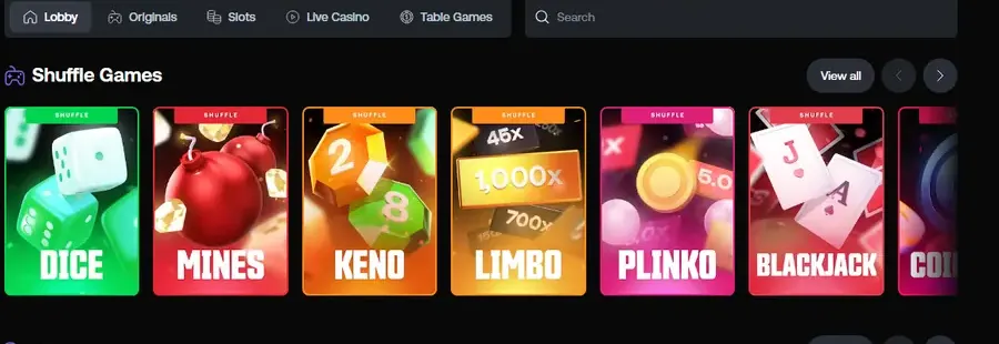 Lobby von Shuffle mit der Reihe „Shuffle Games“: Dice, Mines, Keno, Limbo, Plinko und Blackjack