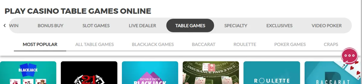 Bereich „Table Games“ bei Slots.lv mit dem Tab „Blackjack Games“ und der ersten Reihe Blackjack- und Roulette-Kacheln