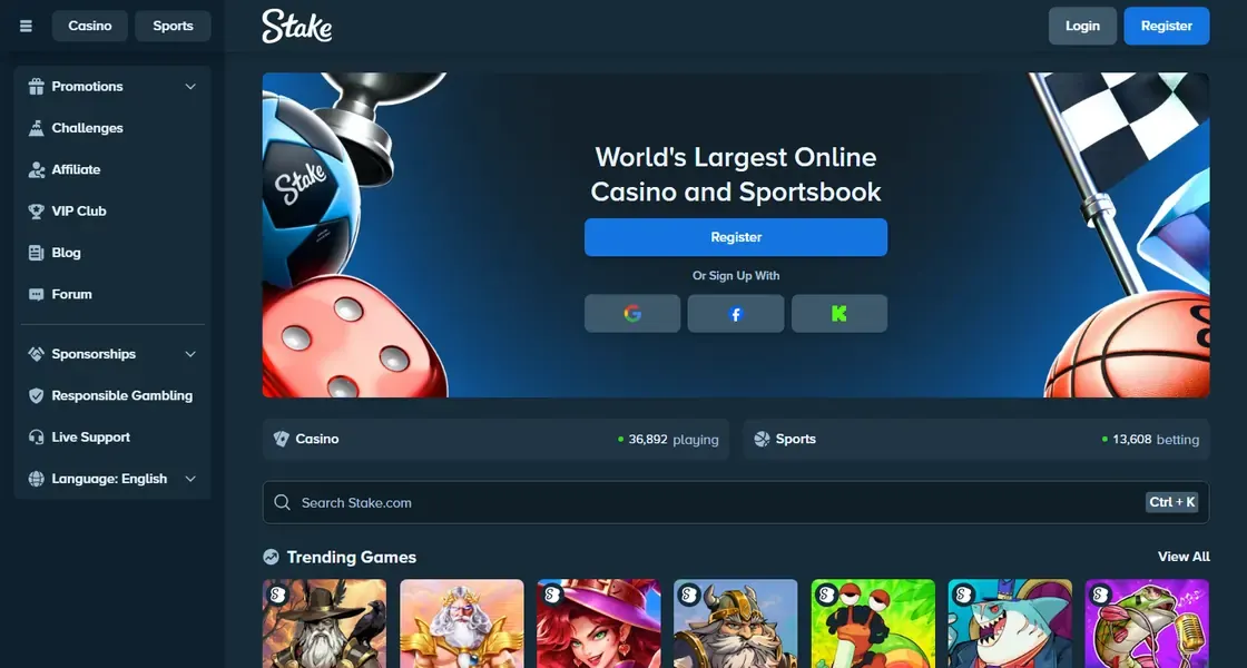 Startseite von Stake mit Zählern für Casino und Sportsbook und einer Reihe angesagter Spiele