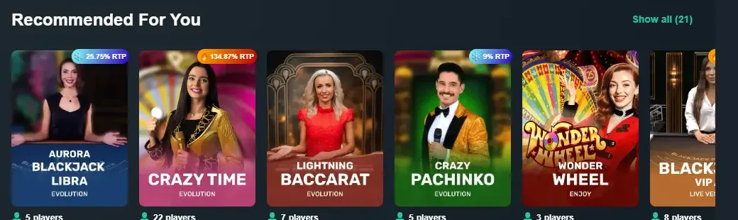 Live-Casino von Vave mit einem Tisch Aurora Blackjack Libra an erster Stelle der Reihe „Recommended For You“, neben Game Shows und Baccarat
