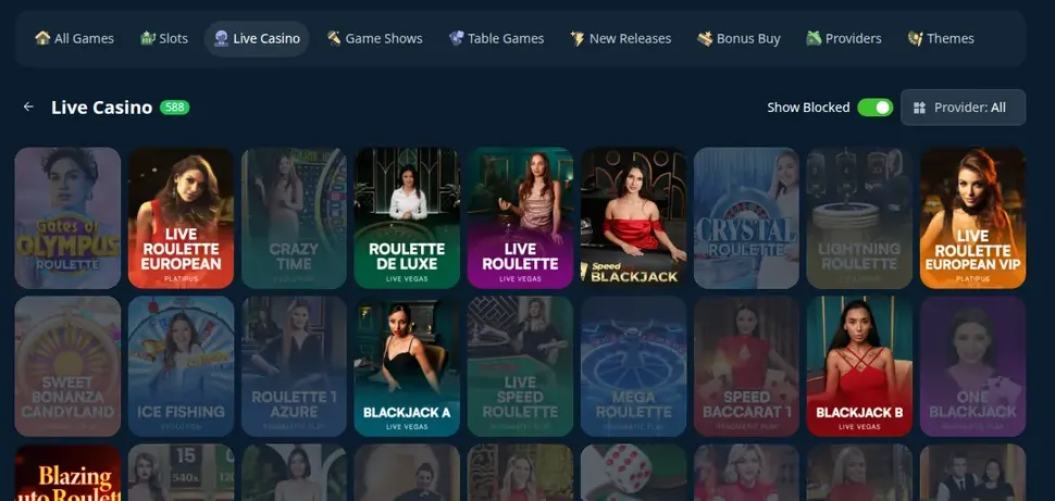 Live-Casino-Lobby von Wild.io mit den Tischen Blackjack A und Blackjack B zwischen Kacheln für Live-Roulette, Baccarat und Game Shows